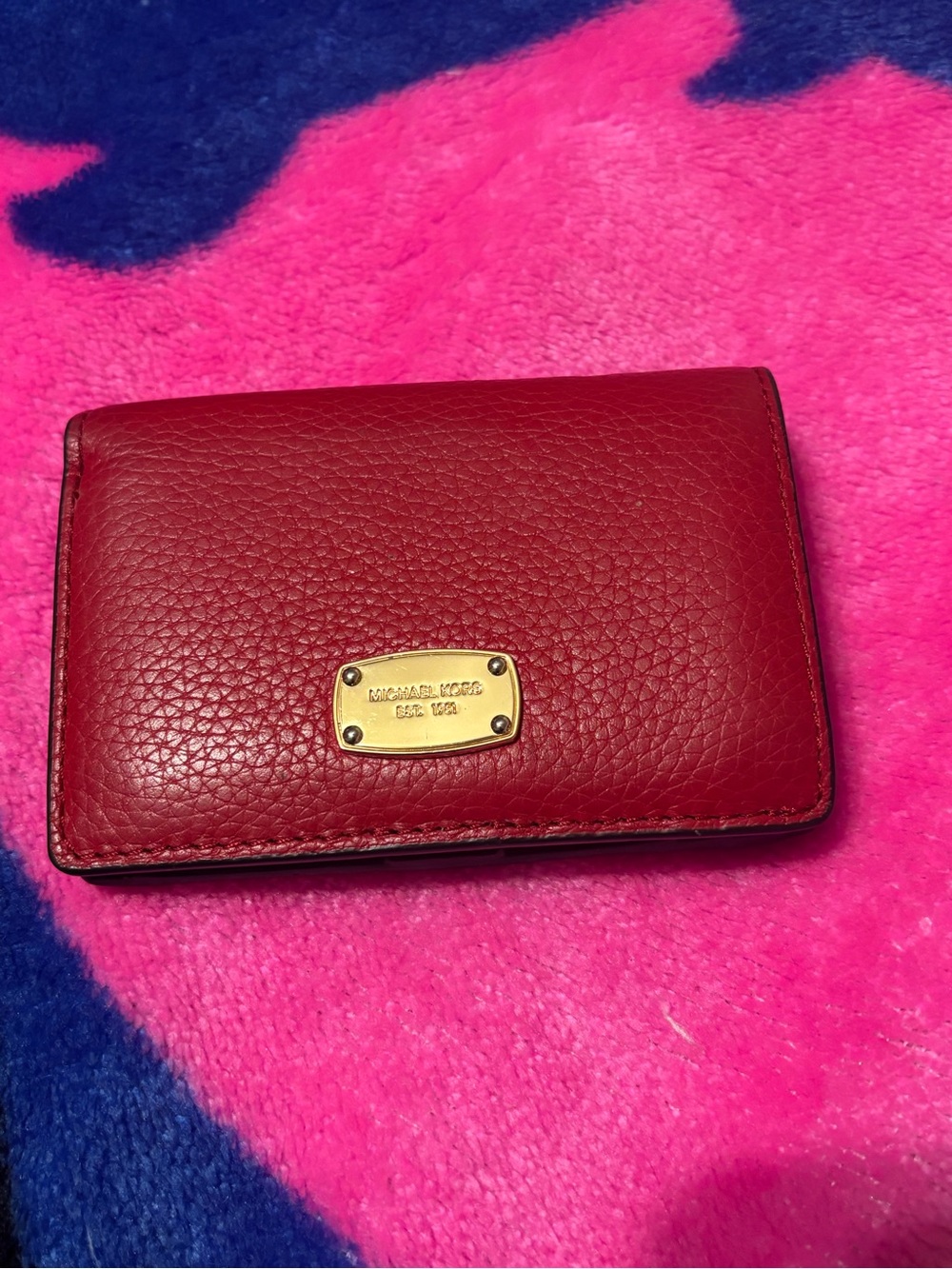 Michael Kors Burgundy Pebbled Leather Card Holder with Gold Plate